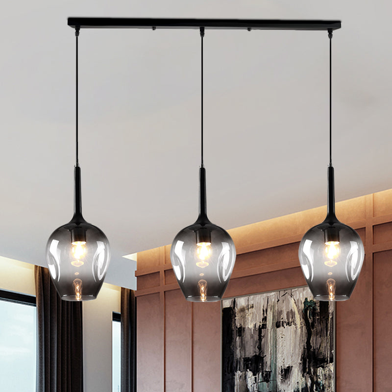 Tulip Cluster Pendant Lamp with Linear Design Modern Amber Smoke Blue Glass 3 Lights Black Ceiling Hung Light - Rebooters