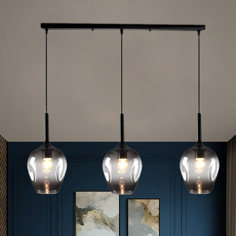 Tulip Cluster Pendant Lamp with Linear Design Modern Amber Smoke Blue Glass 3 Lights Black Ceiling Hung Light - Rebooters