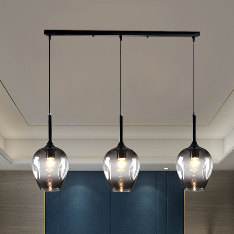 Tulip Cluster Pendant Lamp with Linear Design Modern Amber Smoke Blue Glass 3 Lights Black Ceiling Hung Light - Rebooters