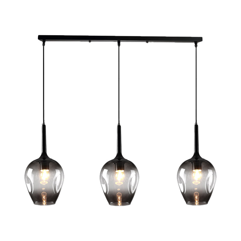 Tulip Cluster Pendant Lamp with Linear Design Modern Amber Smoke Blue Glass 3 Lights Black Ceiling Hung Light - Rebooters