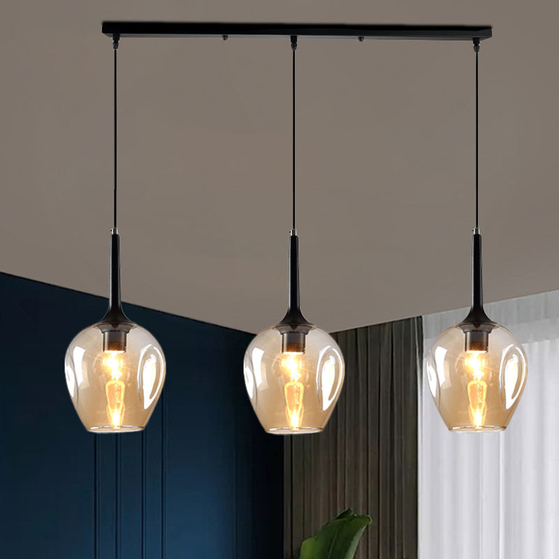 Tulip Cluster Pendant Lamp with Linear Design Modern Amber Smoke Blue Glass 3 Lights Black Ceiling Hung Light - Rebooters