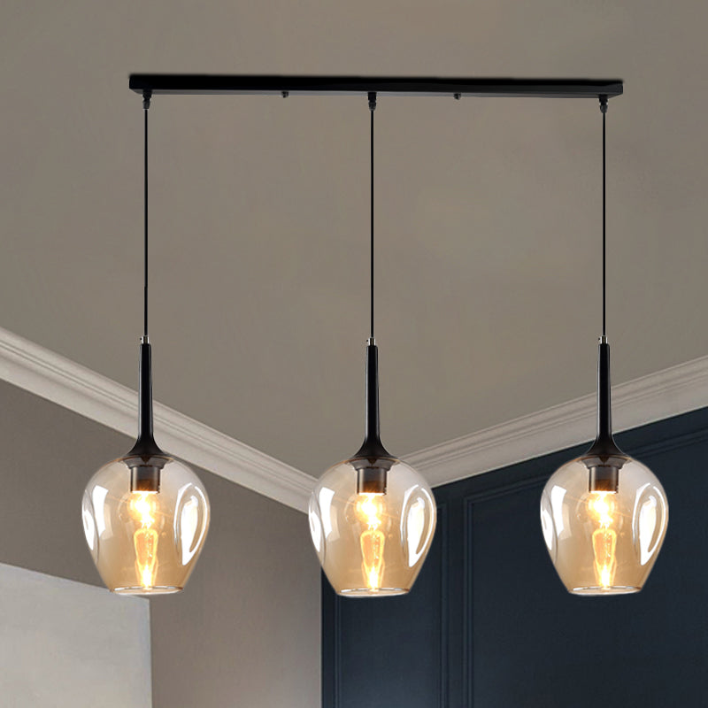 Tulip Cluster Pendant Lamp with Linear Design Modern Amber Smoke Blue Glass 3 Lights Black Ceiling Hung Light - Rebooters