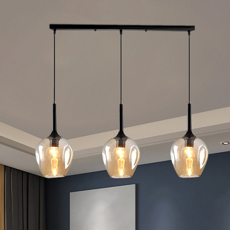 Tulip Cluster Pendant Lamp with Linear Design Modern Amber Smoke Blue Glass 3 Lights Black Ceiling Hung Light - Rebooters