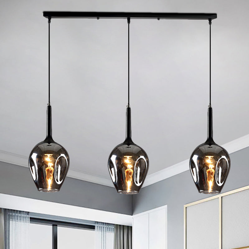 Tulip Cluster Pendant Lamp with Linear Design Modern Amber Smoke Blue Glass 3 Lights Black Ceiling Hung Light - Rebooters