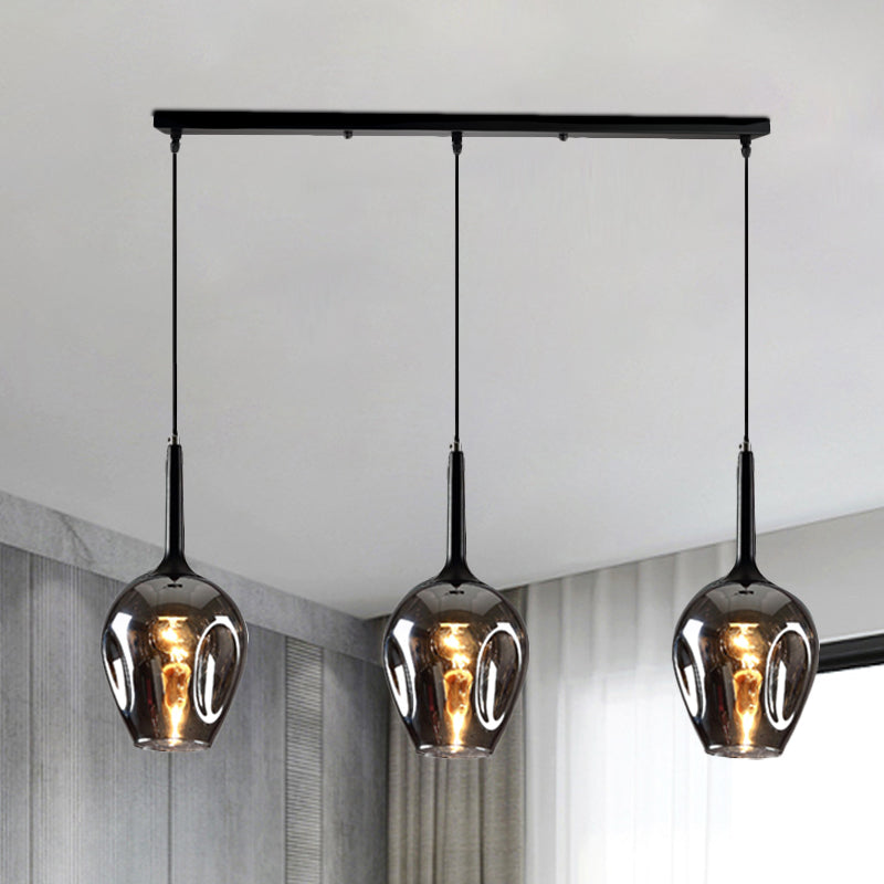 Tulip Cluster Pendant Lamp with Linear Design Modern Amber Smoke Blue Glass 3 Lights Black Ceiling Hung Light - Rebooters