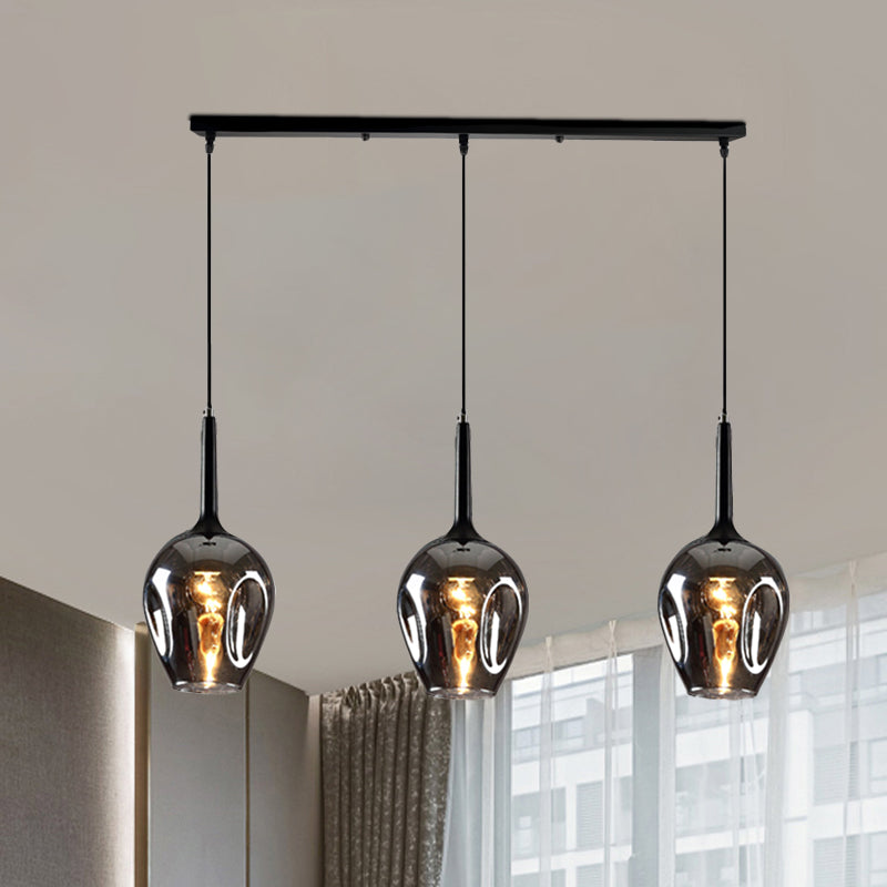 Tulip Cluster Pendant Lamp with Linear Design Modern Amber Smoke Blue Glass 3 Lights Black Ceiling Hung Light - Rebooters