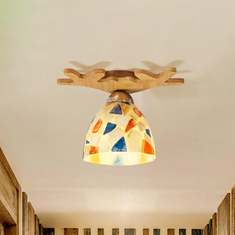 Antique Domed Ceiling Mount Light with Deer Horn in Beige - Rebooters