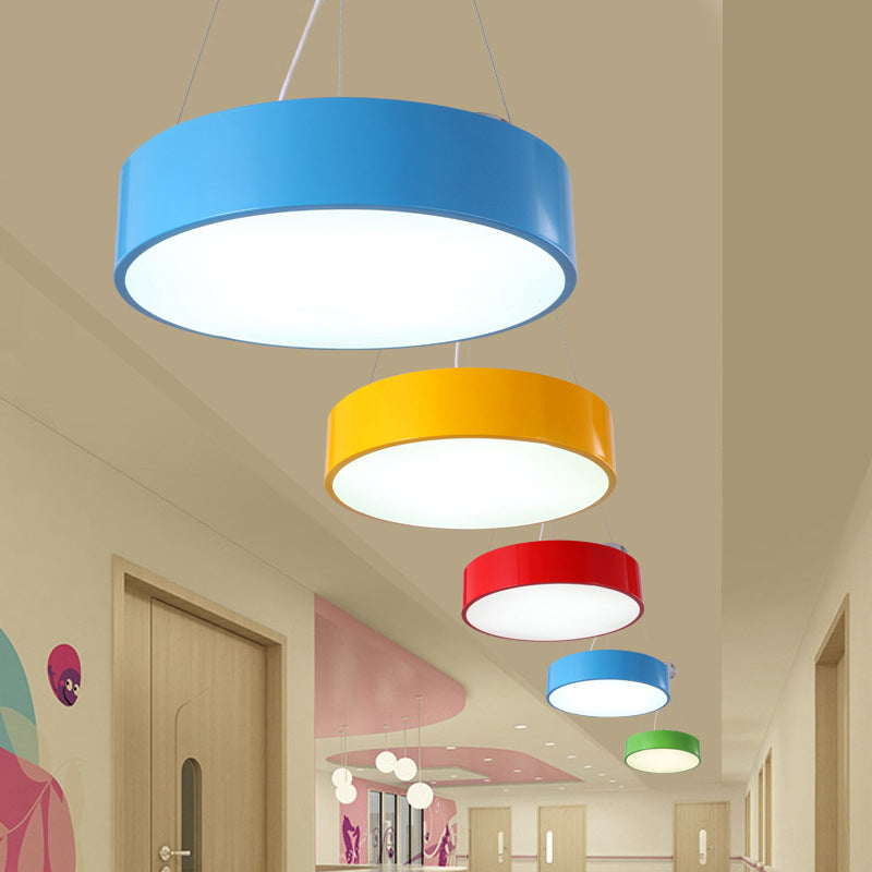 Macaron Drum Shaped Pendant Light Metal Nursery School LED Hanging Light Fixture 16 Inch 19.5 Inch Dia - Rebooters