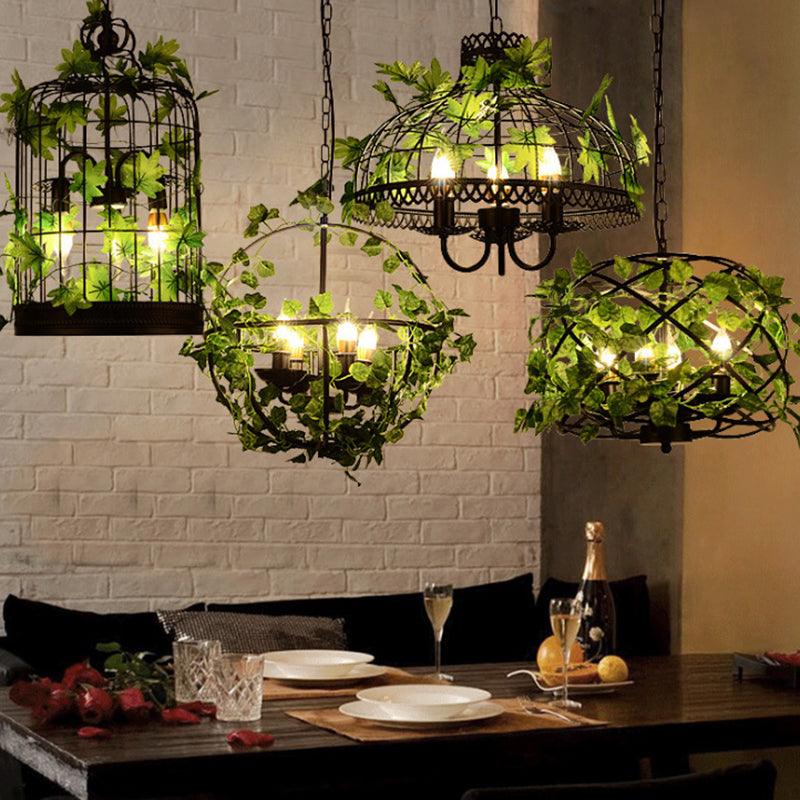 4-Head Plant Pendant Chandelier Black Iron Cage Light - Rebooters