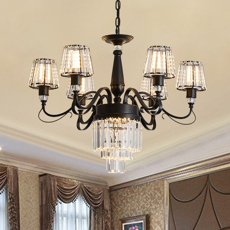 3-Tier Drawing Room Hanging Chandelier Crystal Rectangle 6 Bulbs Simple Ceiling Light - Rebooters