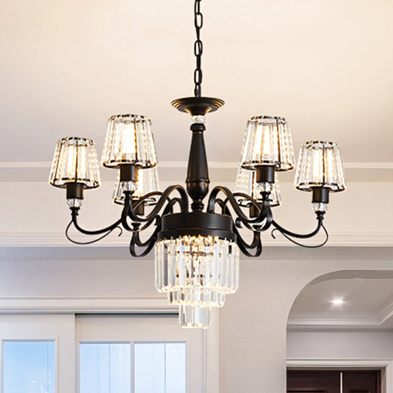 3-Tier Drawing Room Hanging Chandelier Crystal Rectangle 6 Bulbs Simple Ceiling Light - Rebooters