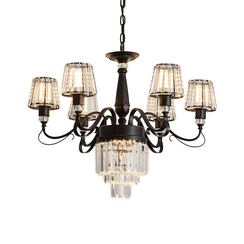 3-Tier Drawing Room Hanging Chandelier Crystal Rectangle 6 Bulbs Simple Ceiling Light - Rebooters