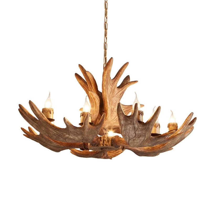 10 Lights Hanging Lamp Kit Lodge Faux Moose Horn Resin Chandelier Pendant in Brown - Rebooters