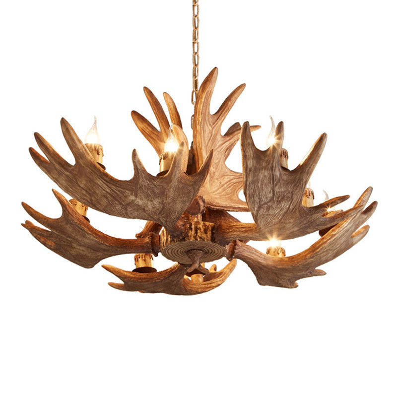 10 Lights Hanging Lamp Kit Lodge Faux Moose Horn Resin Chandelier Pendant in Brown - Rebooters