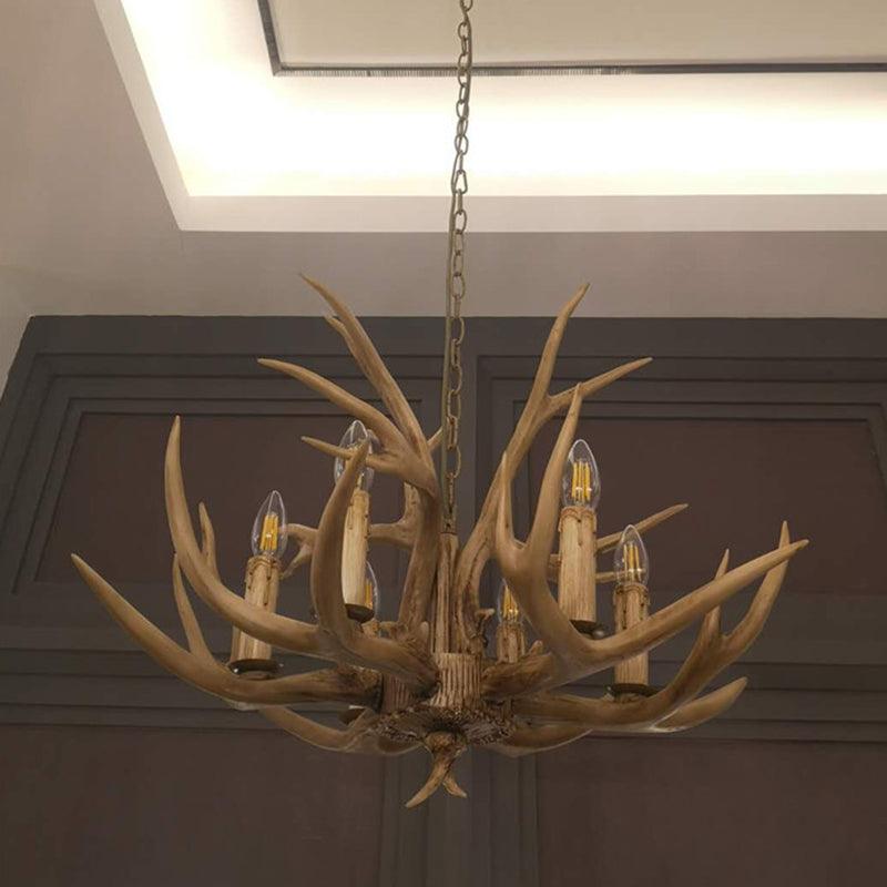 6 Lights Deer Horn Ceiling Pendant Rural Brown Resin Chandelier - Rebooters