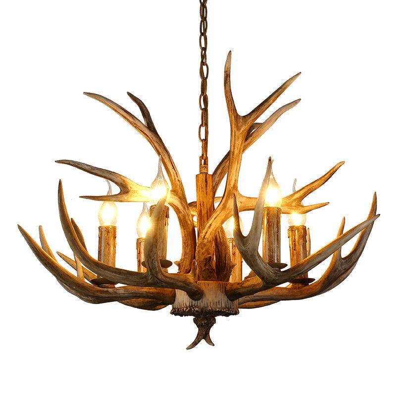 6 Lights Deer Horn Ceiling Pendant Rural Brown Resin Chandelier - Rebooters