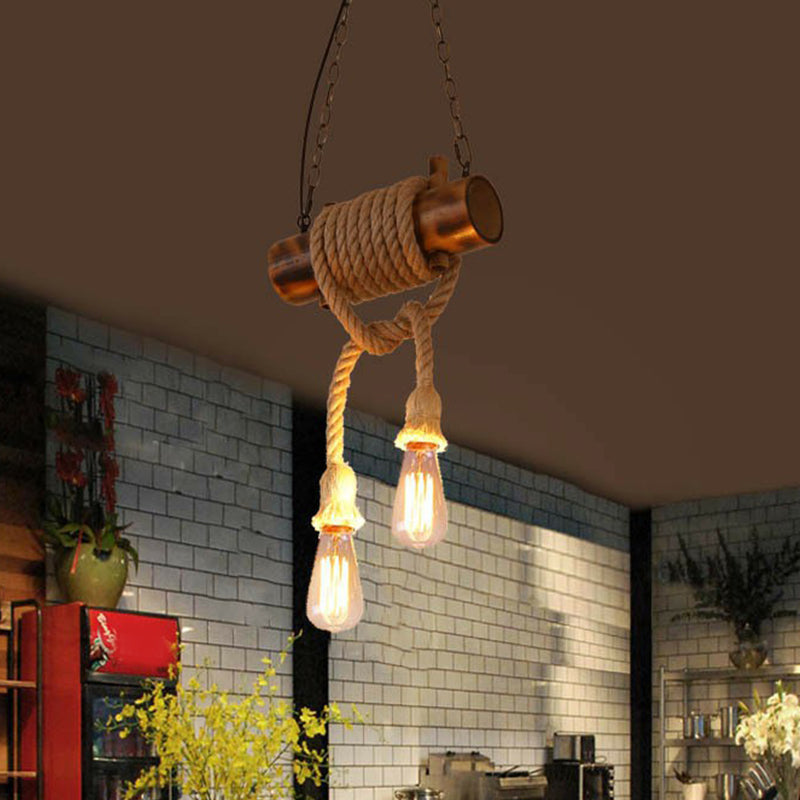 2-Head Exposed Bulb Design Drop Lamp Lodge Brown Hemp Rope Chandelier - Rebooters