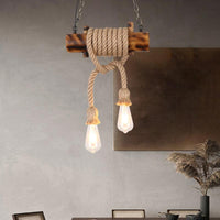 2-Head Exposed Bulb Design Drop Lamp Lodge Brown Hemp Rope Chandelier - Rebooters