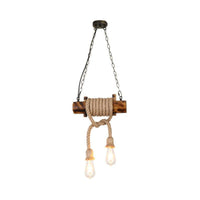 2-Head Exposed Bulb Design Drop Lamp Lodge Brown Hemp Rope Chandelier - Rebooters