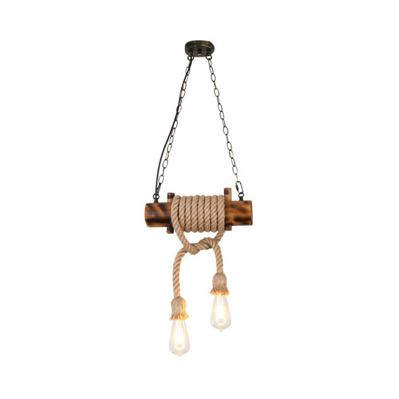 2-Head Exposed Bulb Design Drop Lamp Lodge Brown Hemp Rope Chandelier - Rebooters