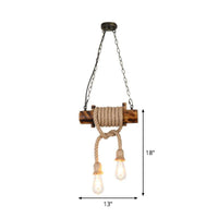2-Head Exposed Bulb Design Drop Lamp Lodge Brown Hemp Rope Chandelier - Rebooters