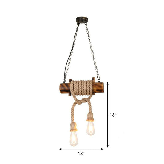 2-Head Exposed Bulb Design Drop Lamp Lodge Brown Hemp Rope Chandelier - Rebooters