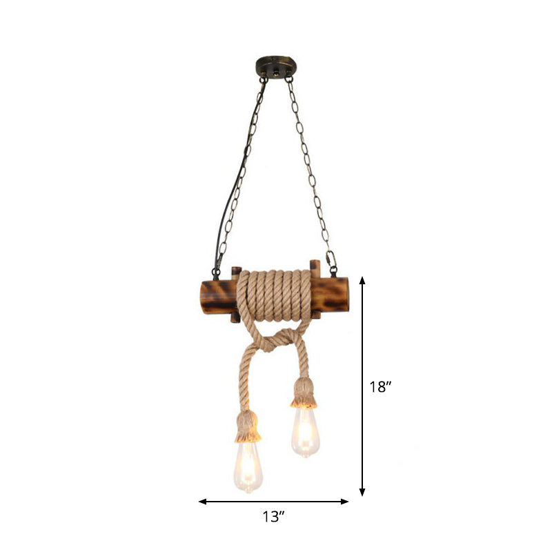 2-Head Exposed Bulb Design Drop Lamp Lodge Brown Hemp Rope Chandelier - Rebooters