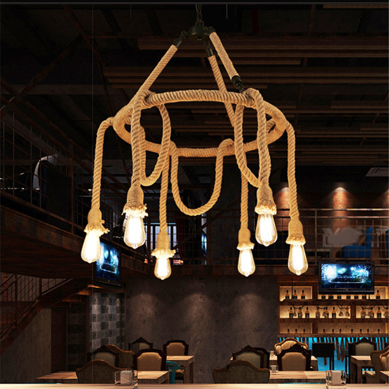 Brown Circle Ceiling Suspension Lamp Lodge Roped Chandelier - Rebooters