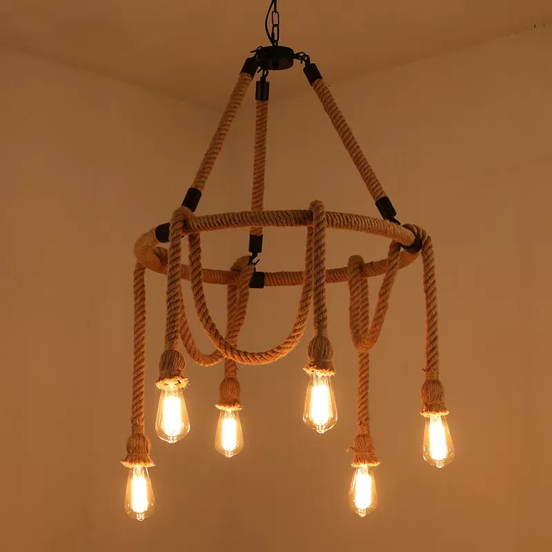 Brown Circle Ceiling Suspension Lamp Lodge Roped Chandelier - Rebooters