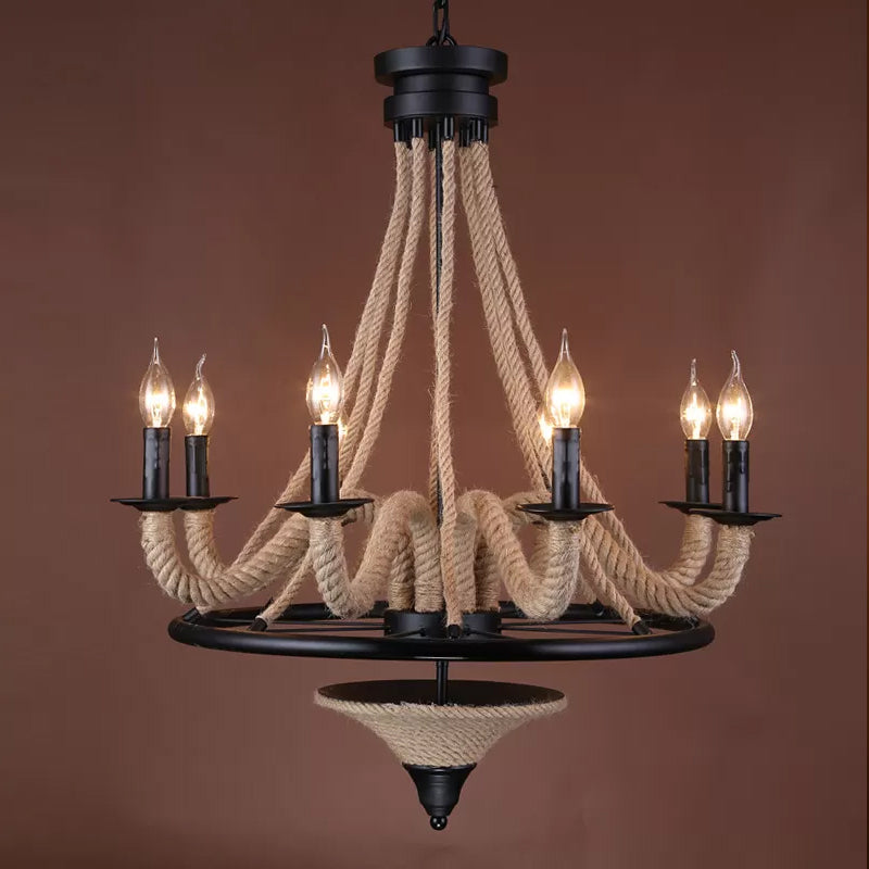 8-Light Candelabra Chandelier Cottage Brown Jute Rope Fixture - Rebooters