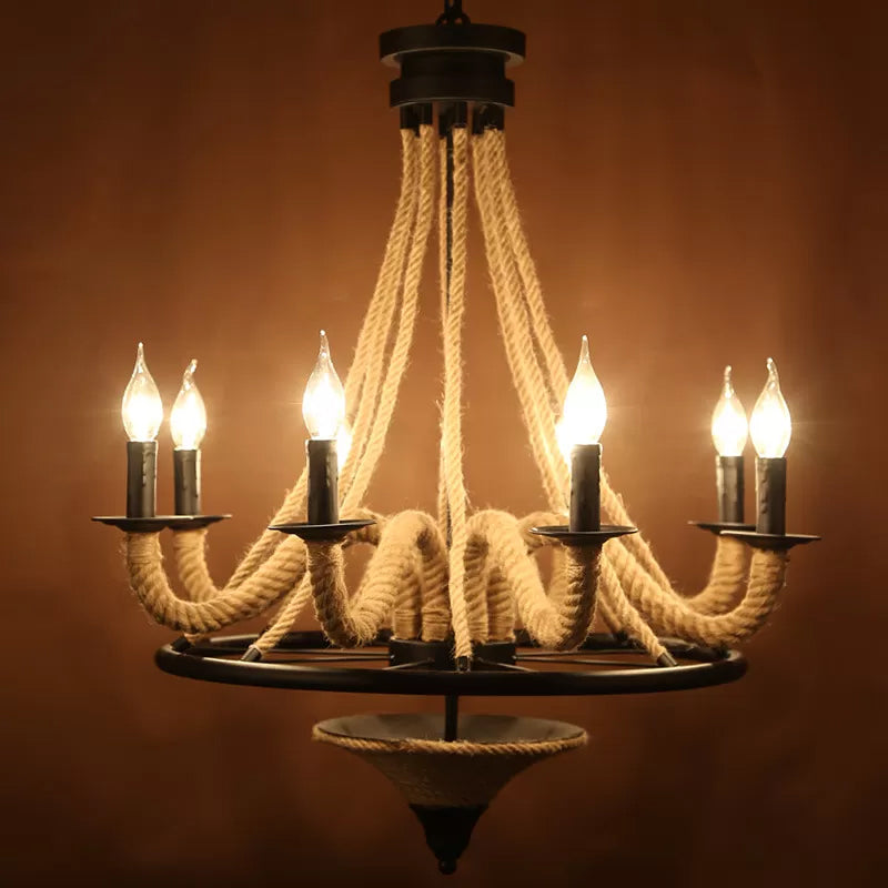 8-Light Candelabra Chandelier Cottage Brown Jute Rope Fixture - Rebooters