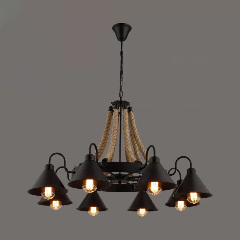 Wheel Restaurant Chandelier Lighting Loft Style Rope 6/8 Heads Brown Pendant Light - Rebooters