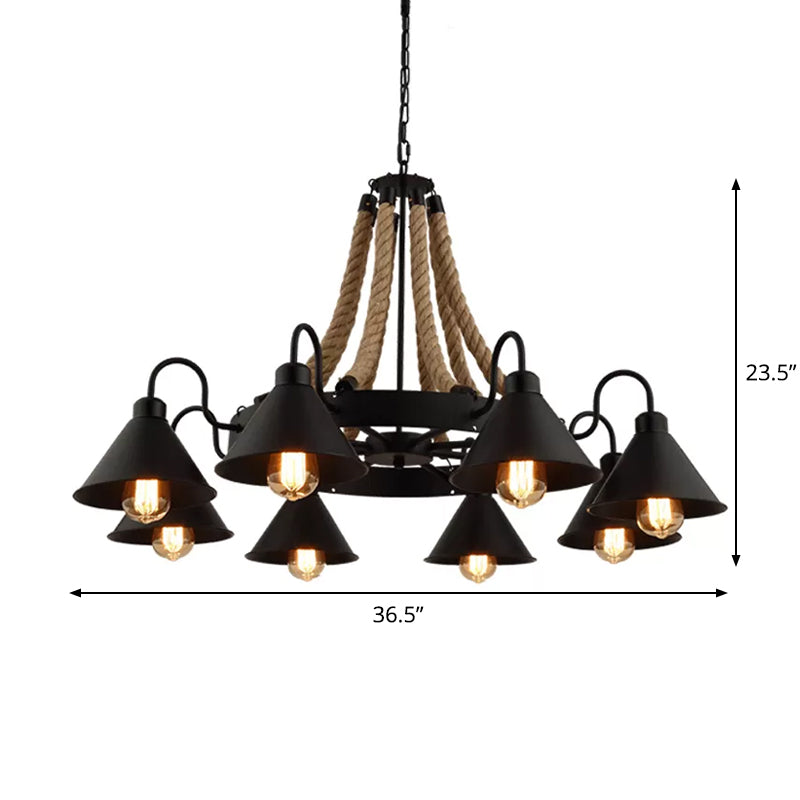 Wheel Restaurant Chandelier Lighting Loft Style Rope 6/8 Heads Brown Pendant Light - Rebooters