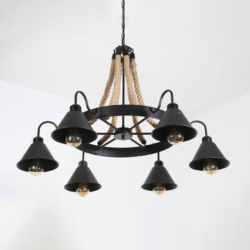 Wheel Restaurant Chandelier Lighting Loft Style Rope 6/8 Heads Brown Pendant Light - Rebooters