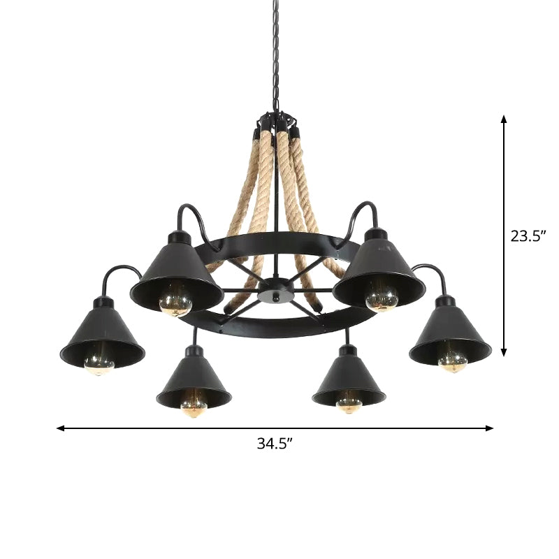 Wheel Restaurant Chandelier Lighting Loft Style Rope 6/8 Heads Brown Pendant Light - Rebooters