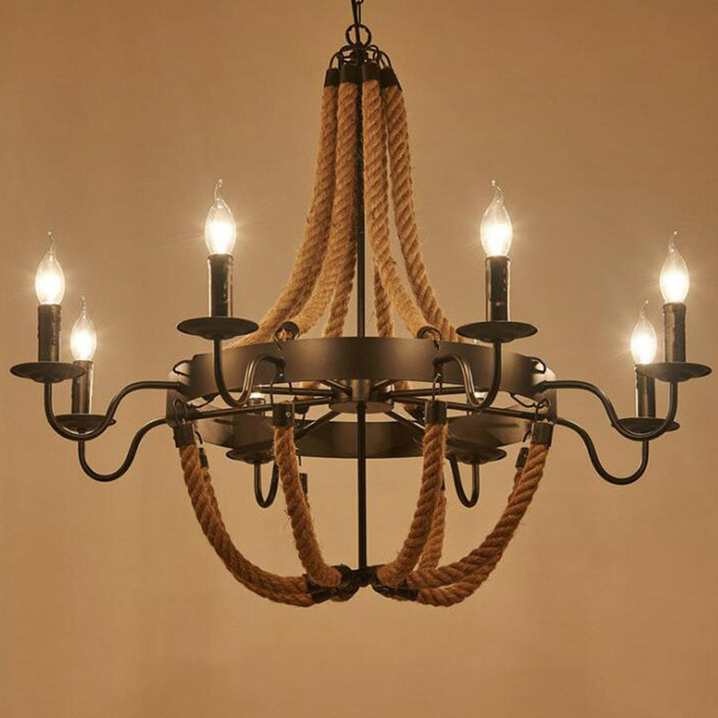 Rope Basket Chandelier Light Fixture Farmhouse 6/8 Bulbs Ceiling Pendant Brown - Rebooters