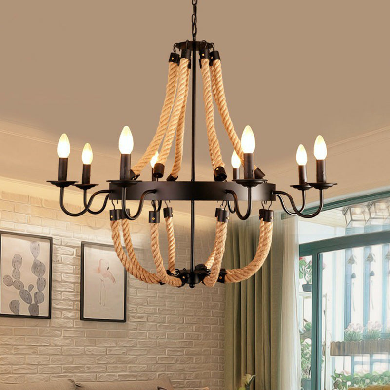 Rope Basket Chandelier Light Fixture Farmhouse 6/8 Bulbs Ceiling Pendant Brown - Rebooters