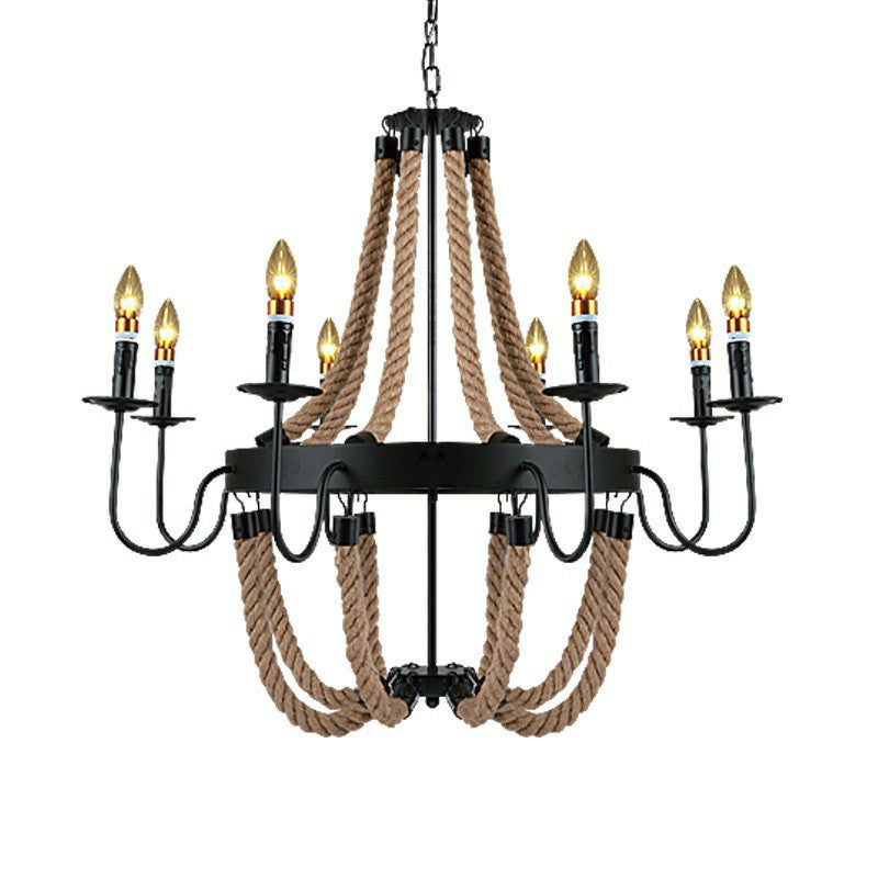 Rope Basket Chandelier Light Fixture Farmhouse 6/8 Bulbs Ceiling Pendant Brown - Rebooters