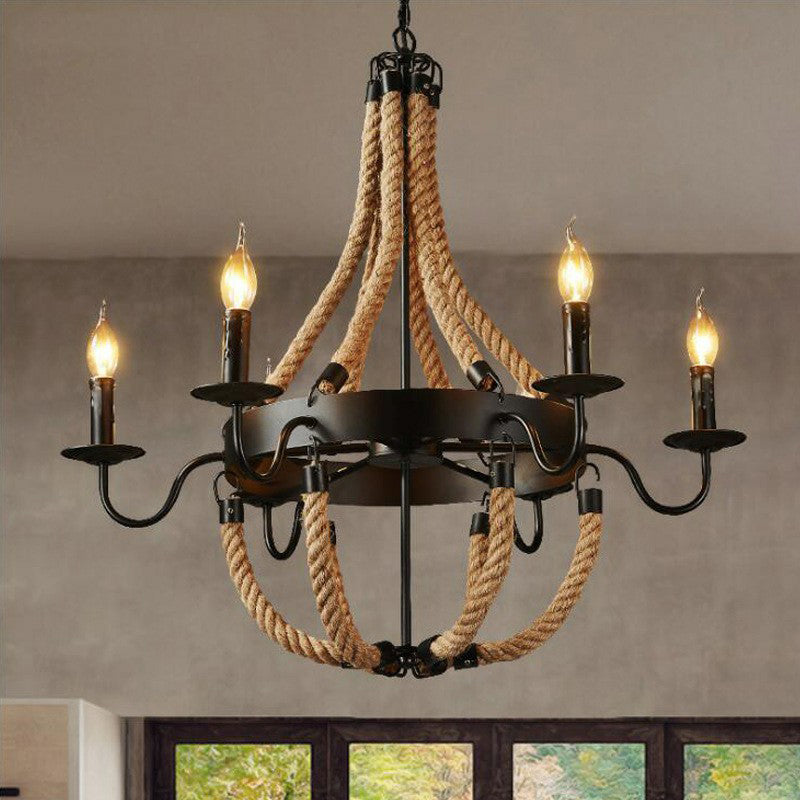 Rope Basket Chandelier Light Fixture Farmhouse 6/8 Bulbs Ceiling Pendant Brown - Rebooters
