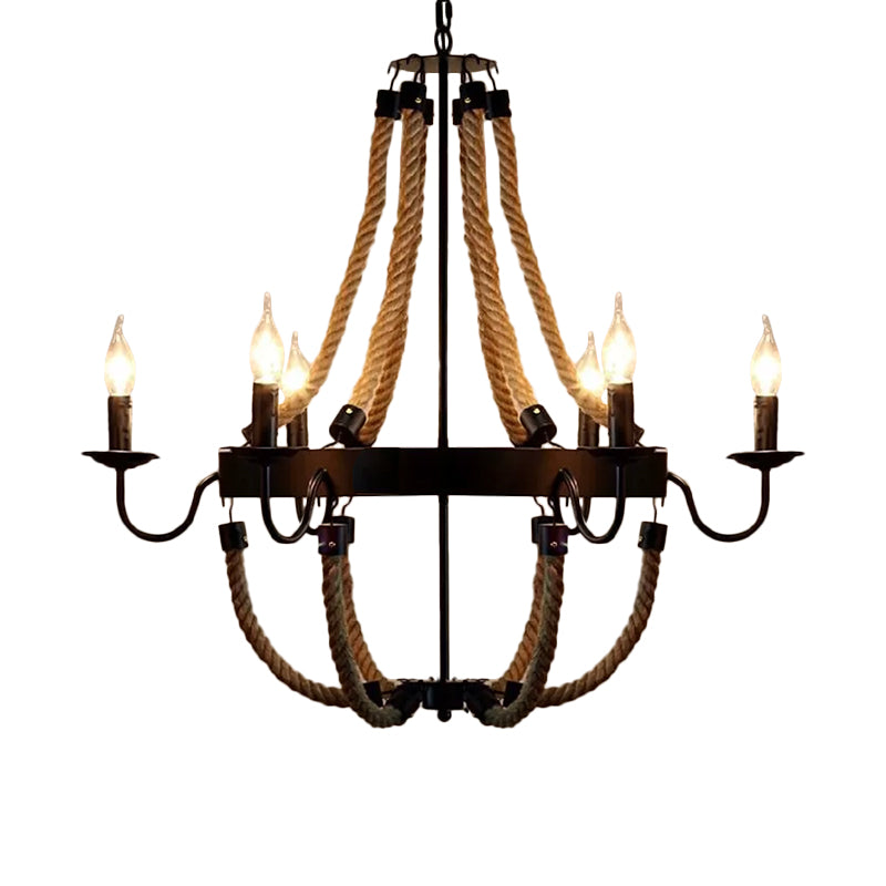 Rope Basket Chandelier Light Fixture Farmhouse 6/8 Bulbs Ceiling Pendant Brown - Rebooters