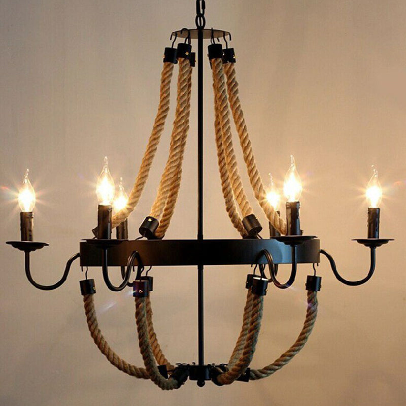 Rope Basket Chandelier Light Fixture Farmhouse 6/8 Bulbs Ceiling Pendant Brown - Rebooters