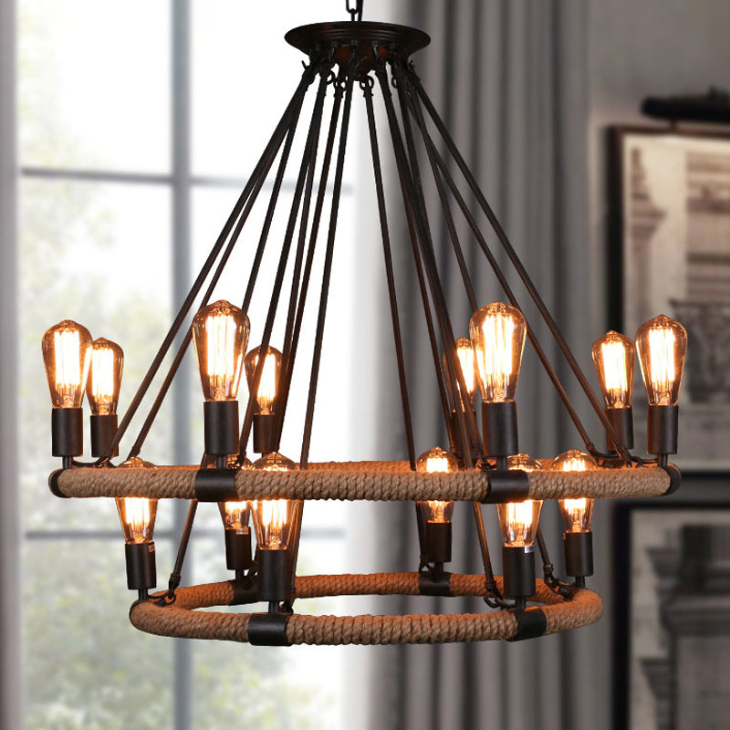 Factory 1/2-Layer Circle Hanging Light Rope Wrapped Chandelier - Rebooters