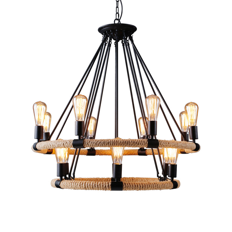 Factory 1/2-Layer Circle Hanging Light Rope Wrapped Chandelier - Rebooters