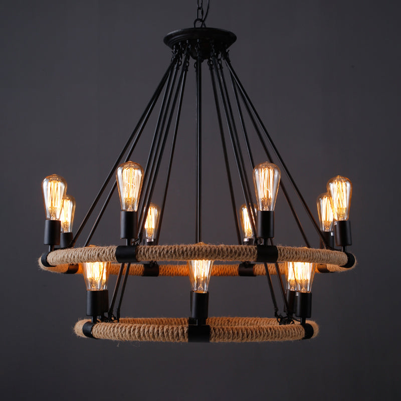 Factory 1/2-Layer Circle Hanging Light Rope Wrapped Chandelier - Rebooters