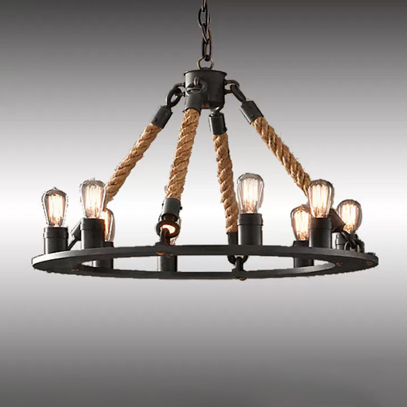 Black Wagon Wheel Chandelier Pendant Industrial Hemp Rope Lamp - Rebooters