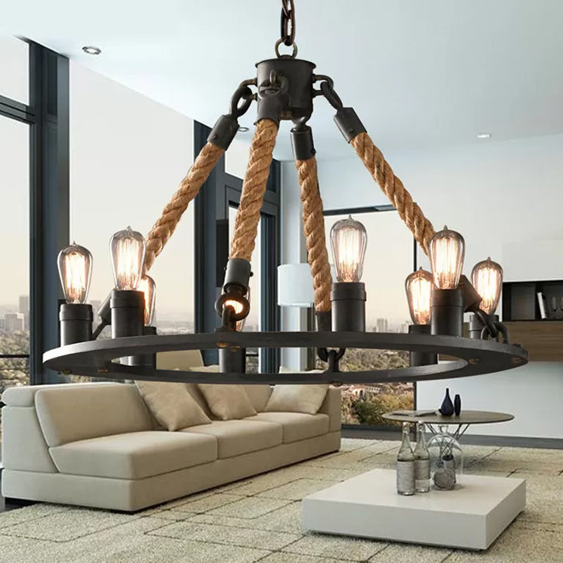 Black Wagon Wheel Chandelier Pendant Industrial Hemp Rope Lamp - Rebooters