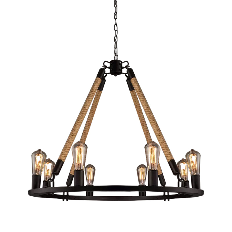 Black Wagon Wheel Chandelier Pendant Industrial Hemp Rope Lamp - Rebooters