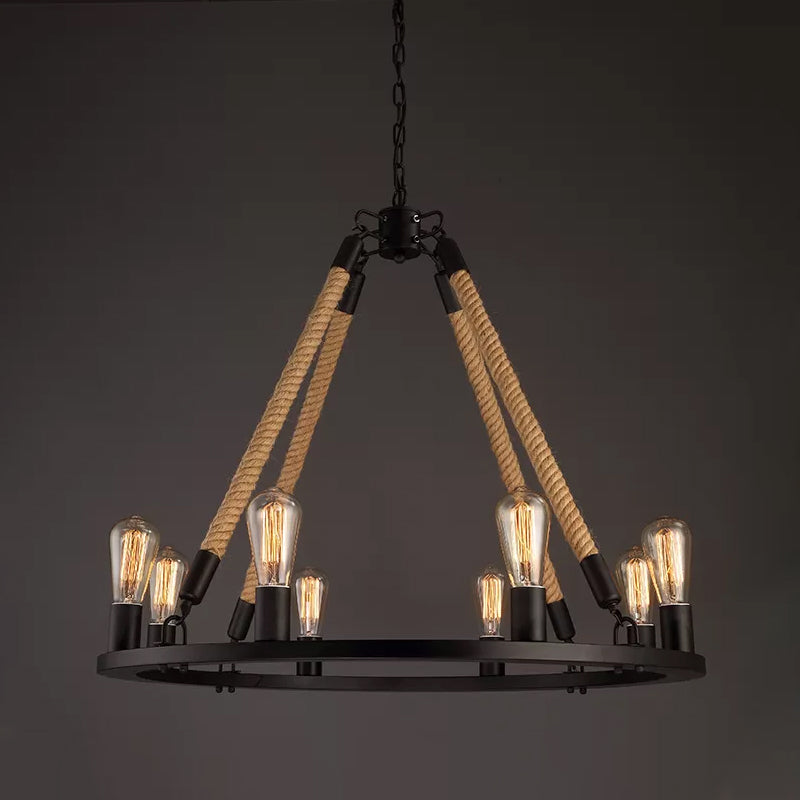 Black Wagon Wheel Chandelier Pendant Industrial Hemp Rope Lamp - Rebooters