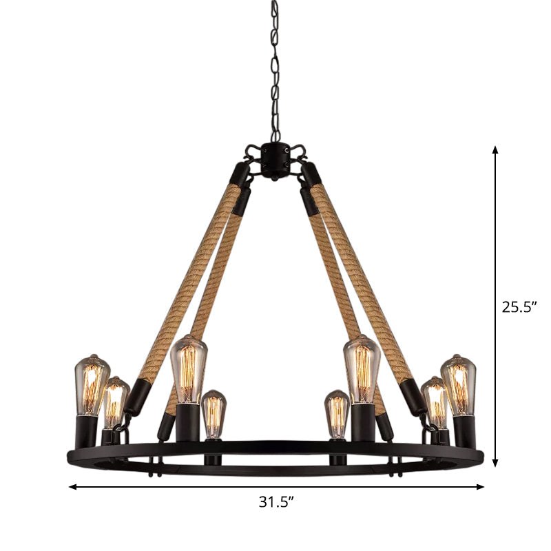 Black Wagon Wheel Chandelier Pendant Industrial Hemp Rope Lamp - Rebooters