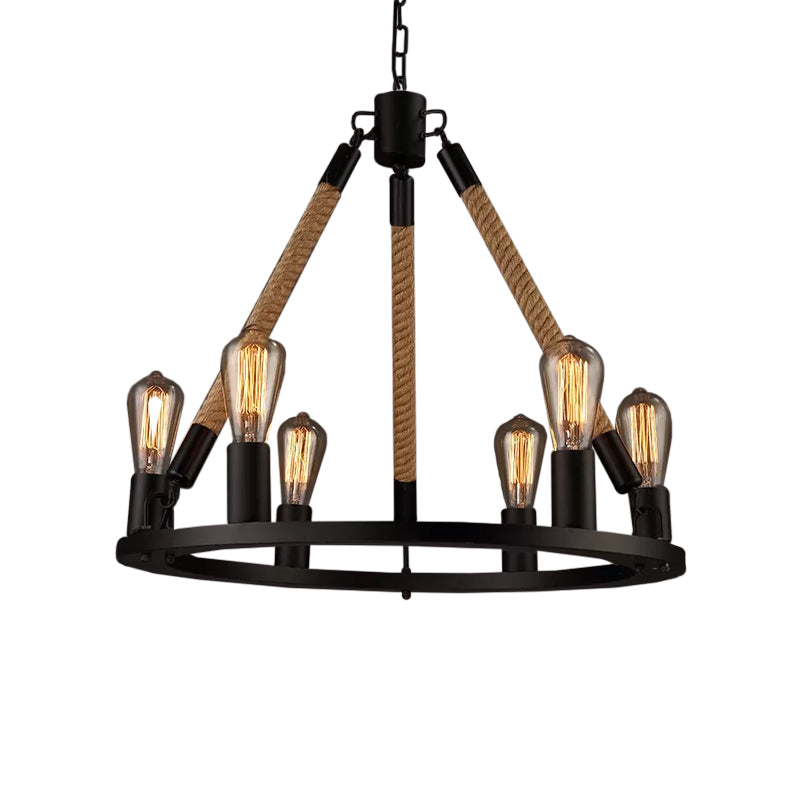 Black Wagon Wheel Chandelier Pendant Industrial Hemp Rope Lamp - Rebooters